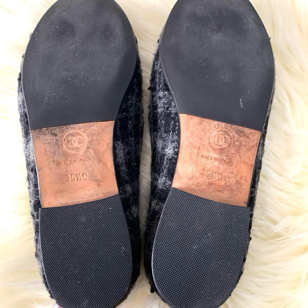 CHANEL チェック柄ツウィードパンプスフラットシューズ351/2 22.5