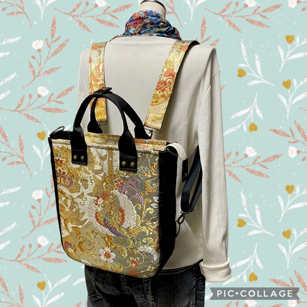 388 帯リメイク　鳳凰の縦型リュック　3wayバッグ