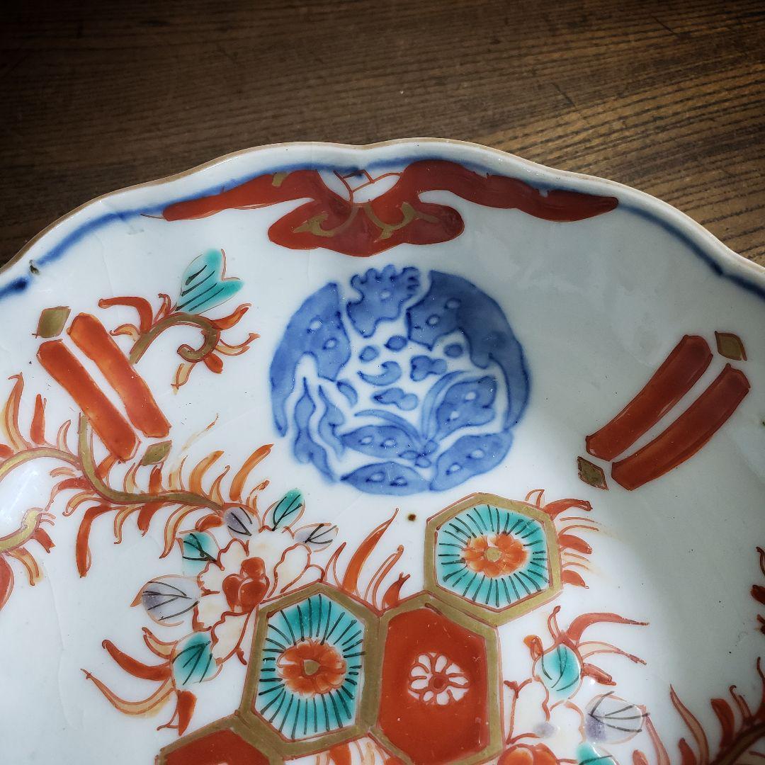なます皿 古伊万里 色絵付 花唐草 丸文様 亀甲 アマテ ニュウ 欠け ロ号