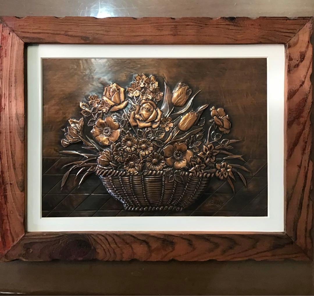 銅板画　銅板アート　銅板花　花束　木製フレーム付き　アート　コレクション　希少品