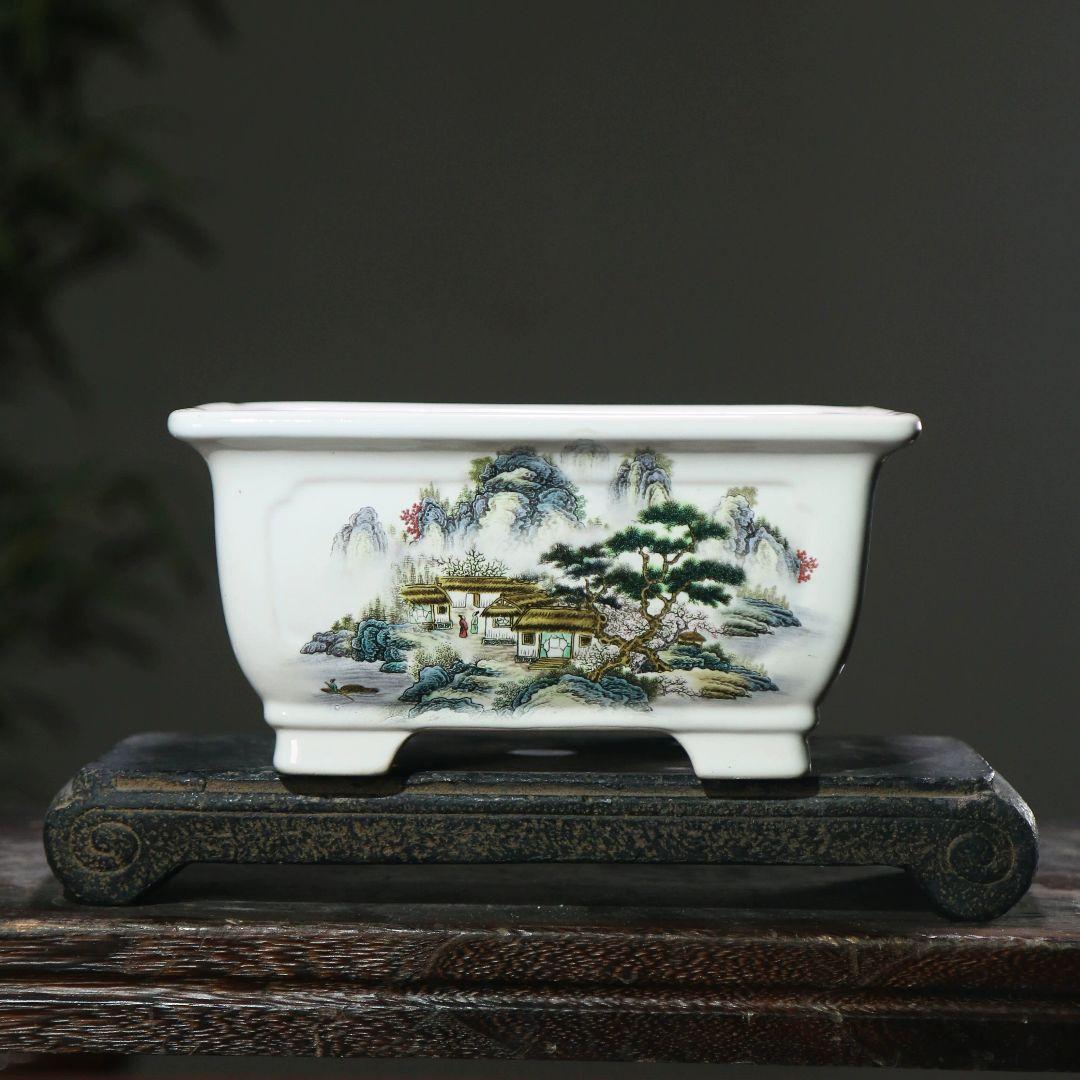 中国風山水図盆栽鉢 磁鉢 山野草鉢 多肉植物 植木鉢 小品大品盆栽鉢 陶器鉢置物