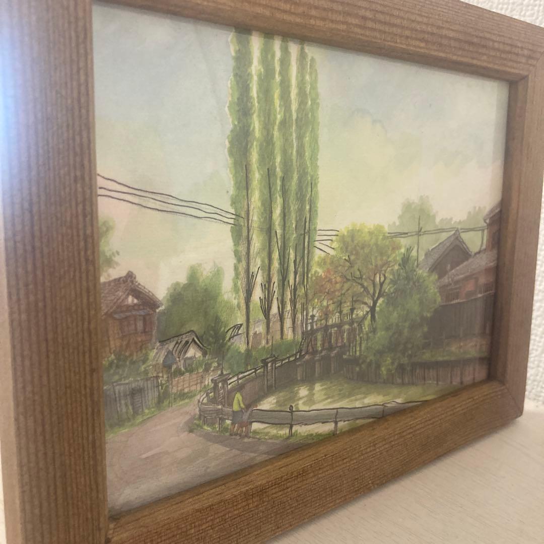 水彩風景画 木製フレーム付き 約21cm x 16cm