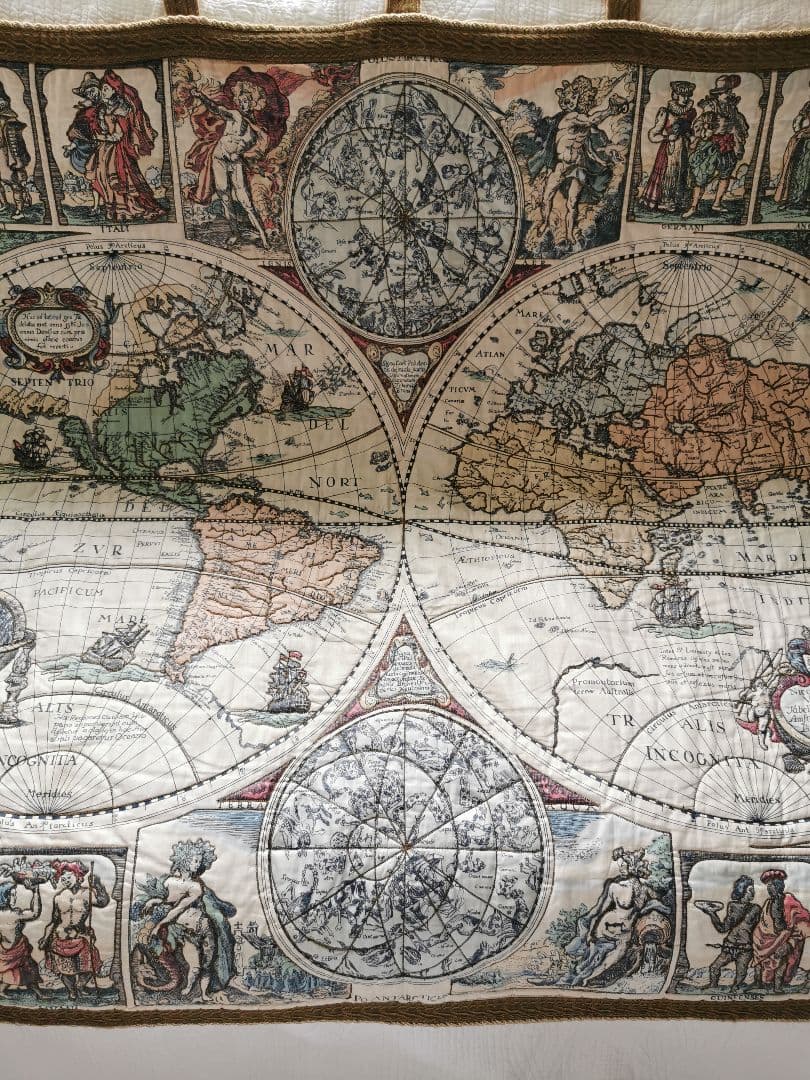 アンティークドイツ ローゼル 世界航海地図手刺繍キルト タペストリ 印刷地図絵付