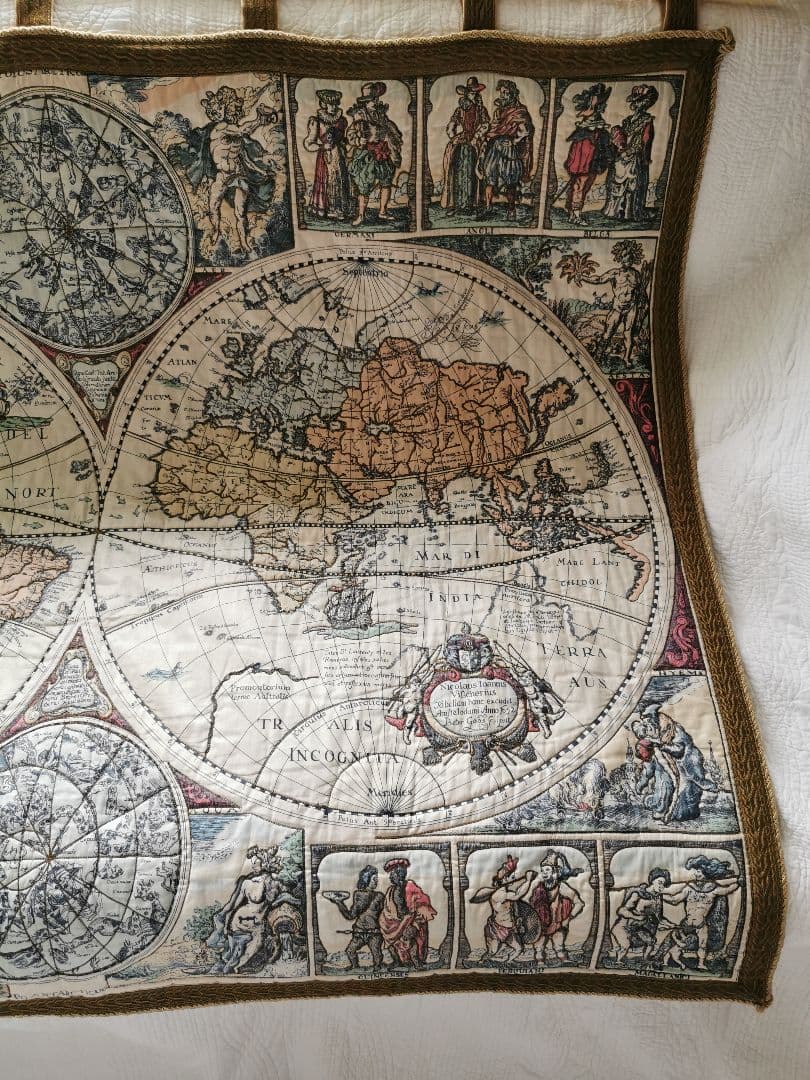 アンティークドイツ ローゼル 世界航海地図手刺繍キルト タペストリ 印刷地図絵付