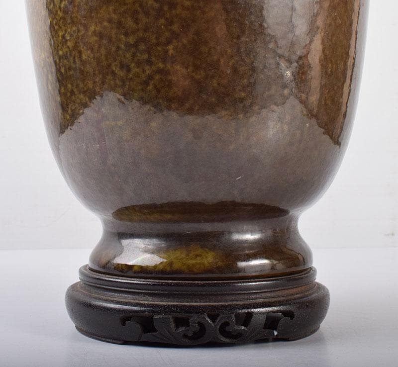 中国　雍正年製款　茶葉末釉　窯変瓶　唐木台・時代箱付　G　R4191B