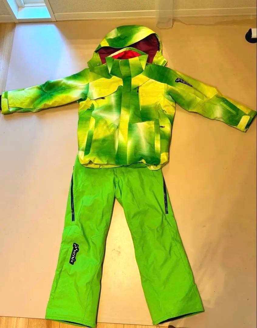 スキーウェア グリーン/イエロー 取り外しフード