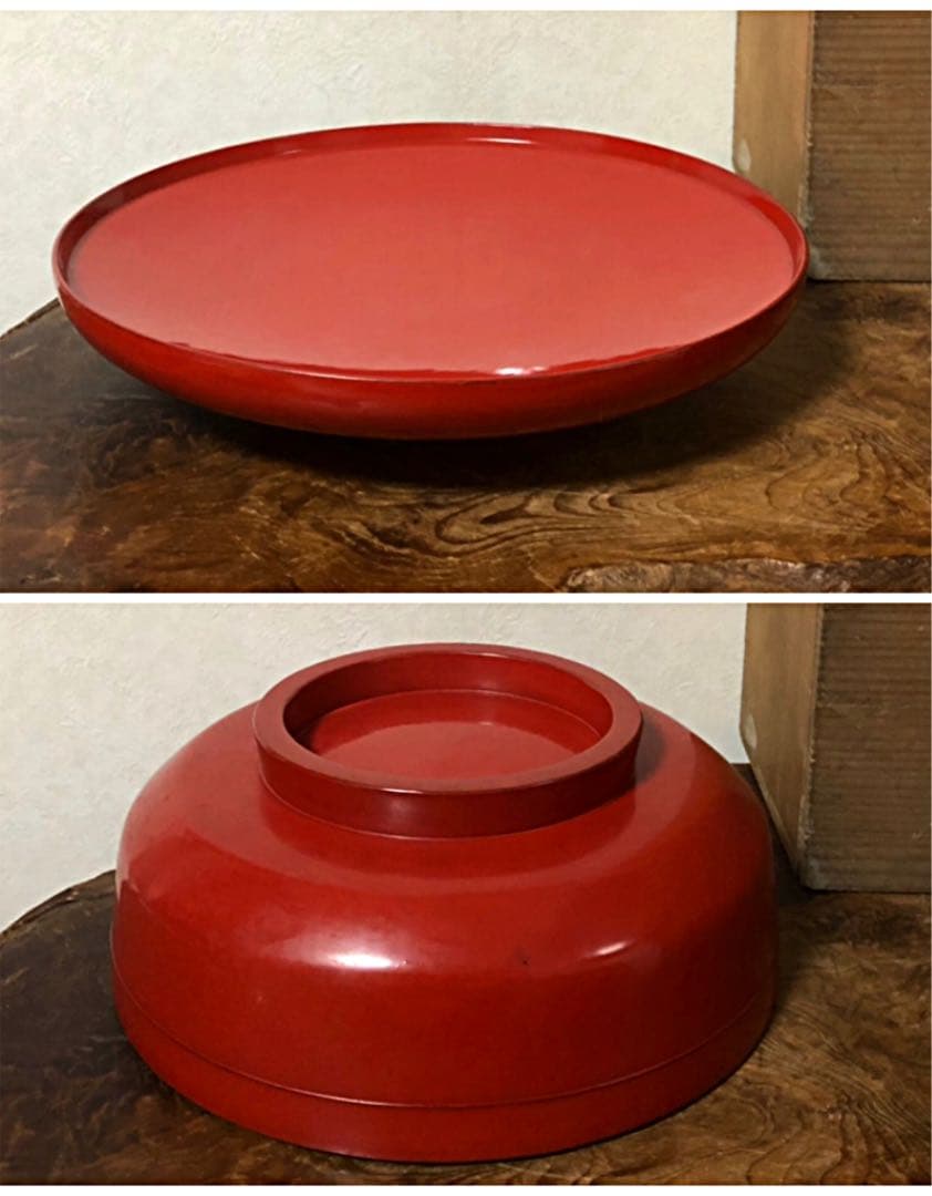 時代 蒔絵 朱塗り 金彩松竹梅 鶴亀 木製菓子鉢 合わせ箱付き