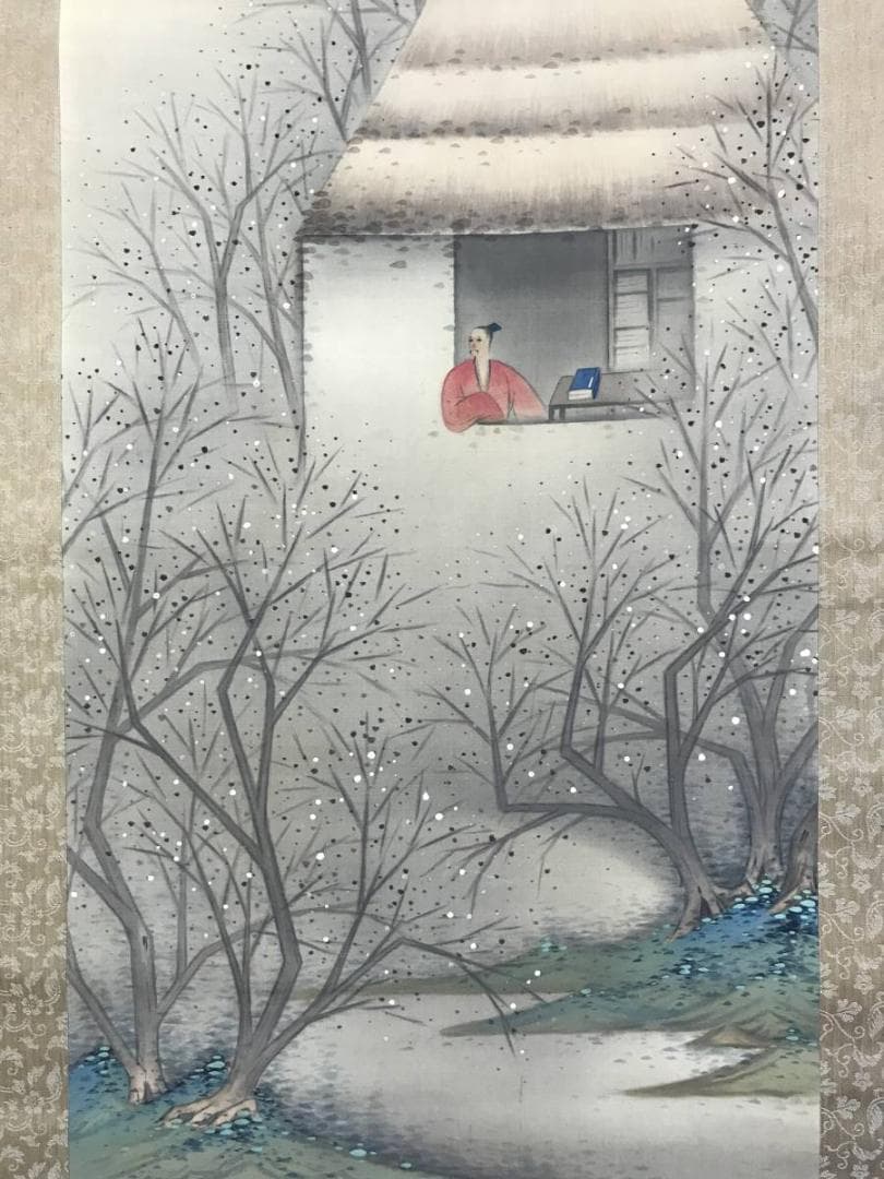 真作/福田青藤/月下風情画賛/山水図/幽居図/掛軸/名家伝来AE-394