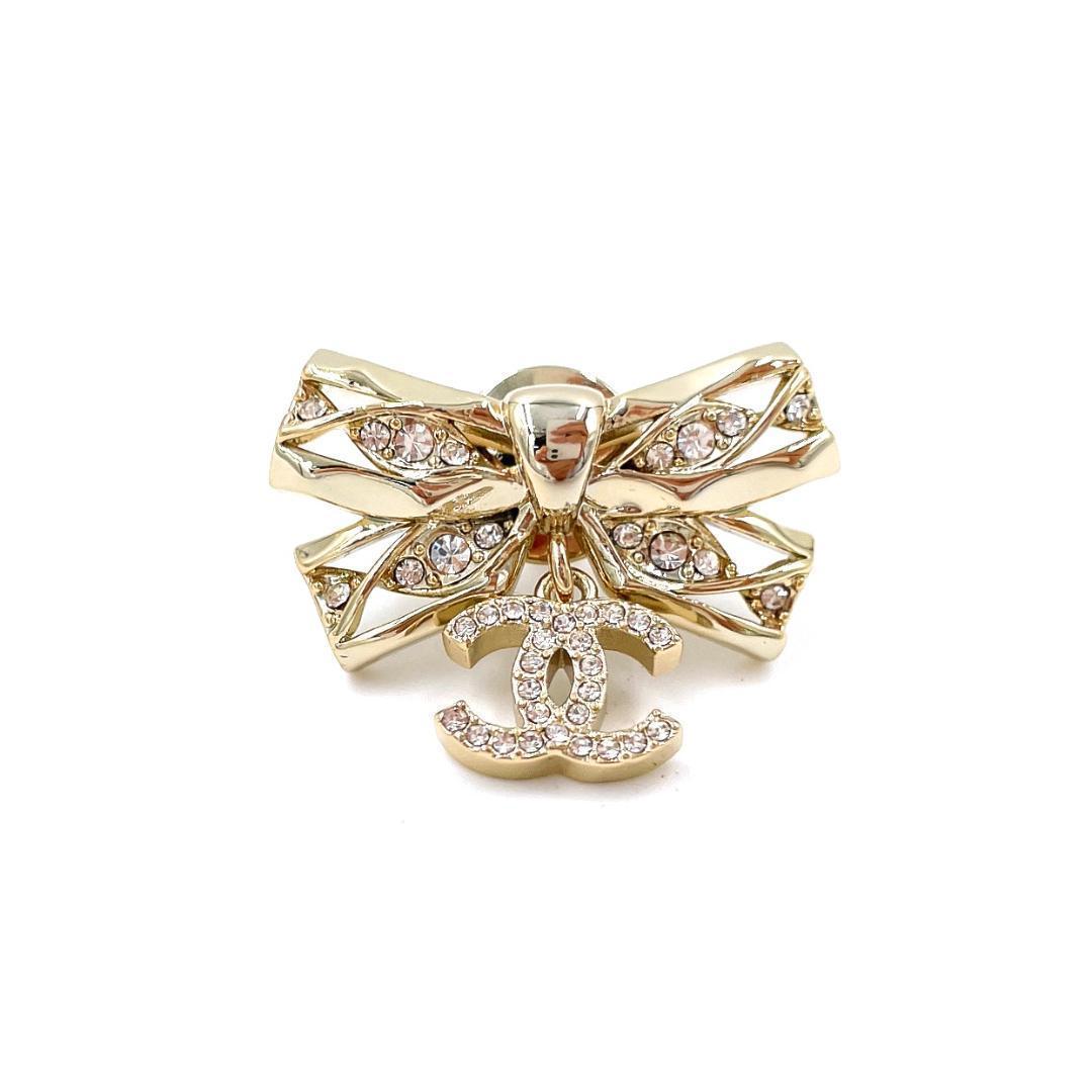 ✨️新品級✨️ シャネル ココマーク リボン ラインストーン ブローチ ゴールド