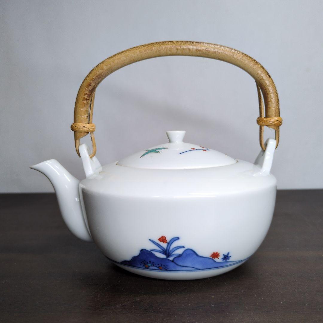 十三代 酒井田柿右衛門 作 染錦 梅文 番茶器(蓋付 湯呑 五客・急須) 共箱