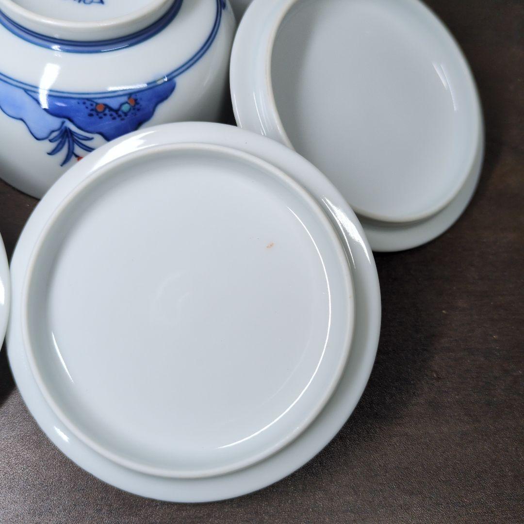 十三代 酒井田柿右衛門 作 染錦 梅文 番茶器(蓋付 湯呑 五客・急須) 共箱