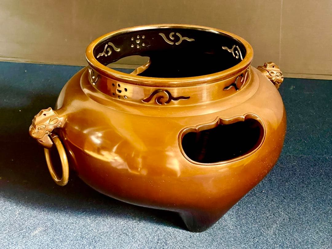 割引❣️【美品】「祖」 唐銅 鬼面風炉 釜師 莎村 共箱 共布 （1030あ莎）