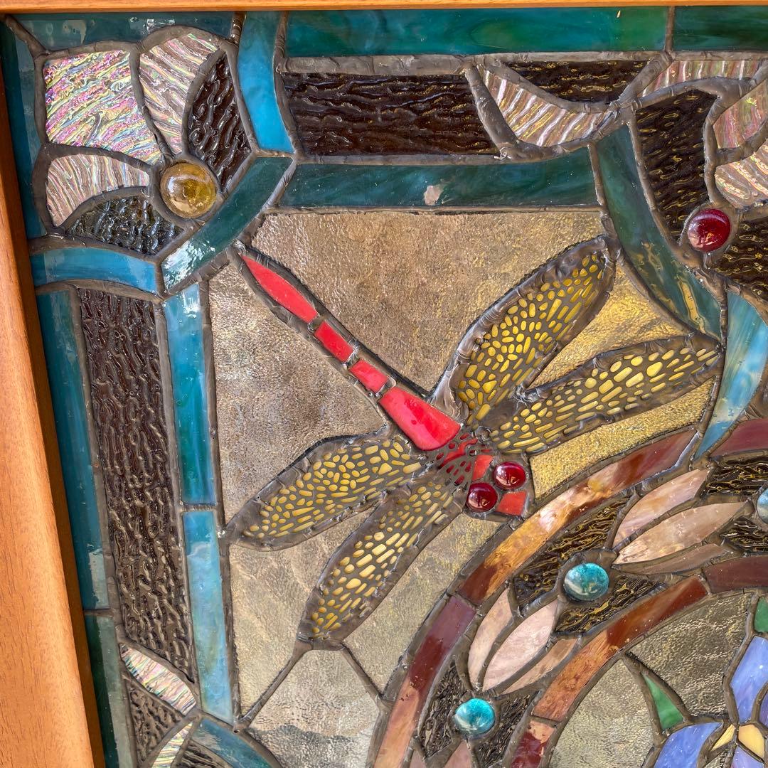 ハ*8様 ステンドグラス パネル 花とトンボ 約72×57cm 壁掛け オブジェ