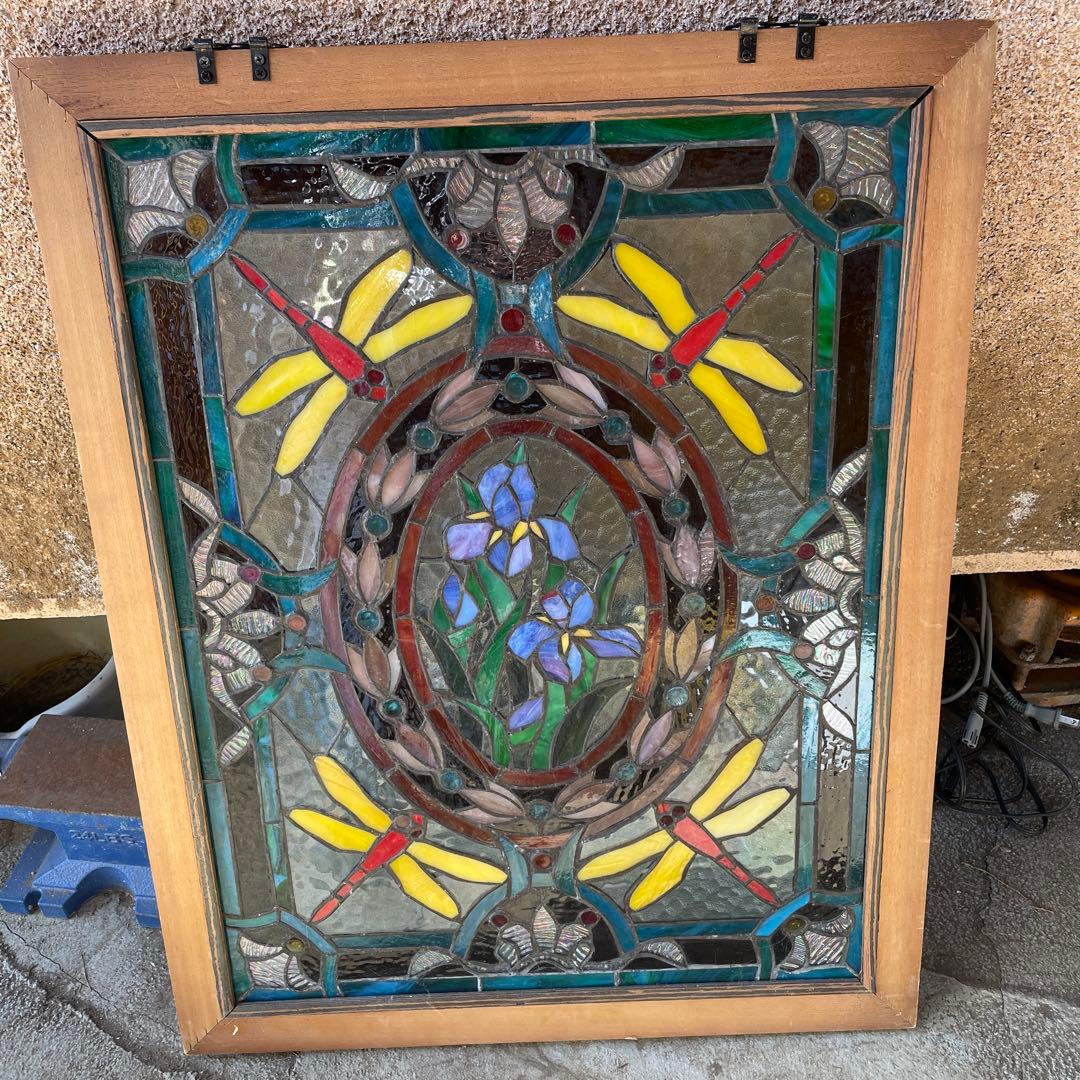 ハ*8様 ステンドグラス パネル 花とトンボ 約72×57cm 壁掛け オブジェ
