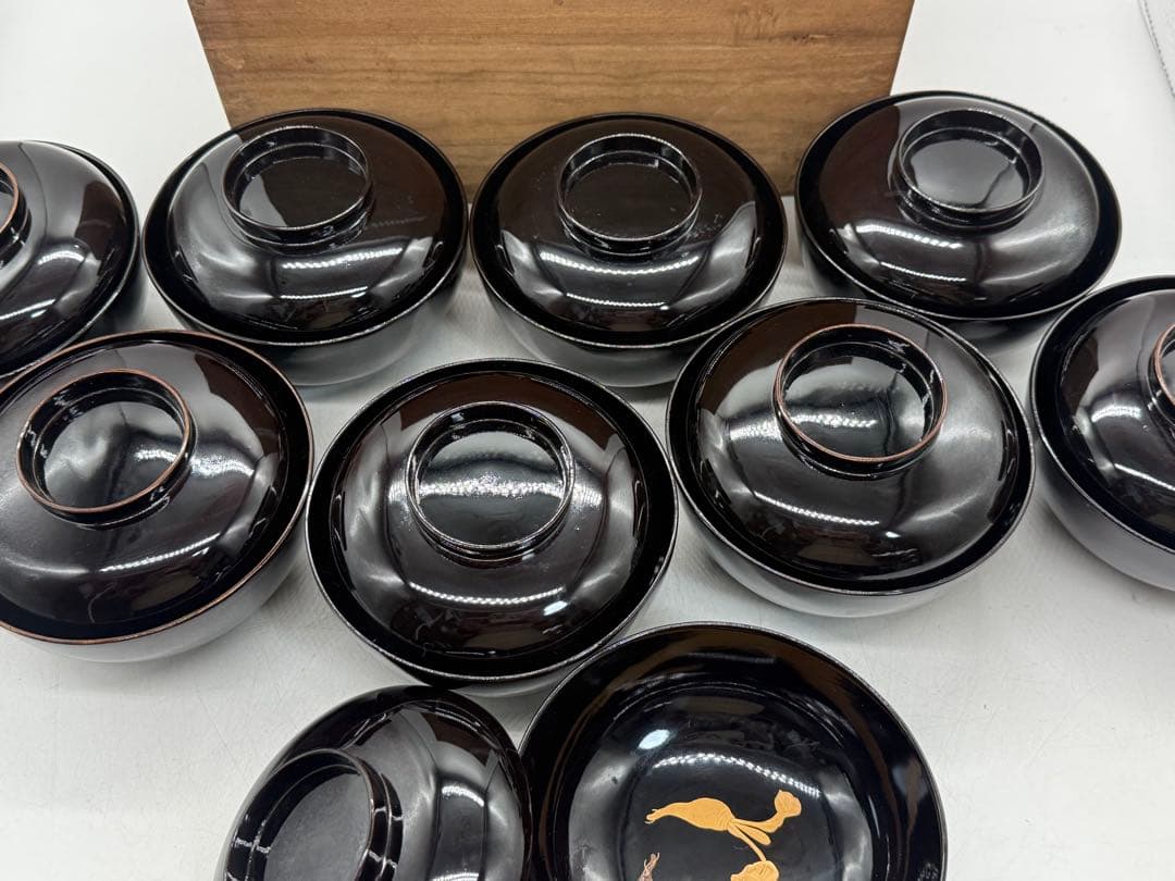 時代　輪島塗　黒蒔絵　大根模様吸い物椀9点　木製　共箱260204