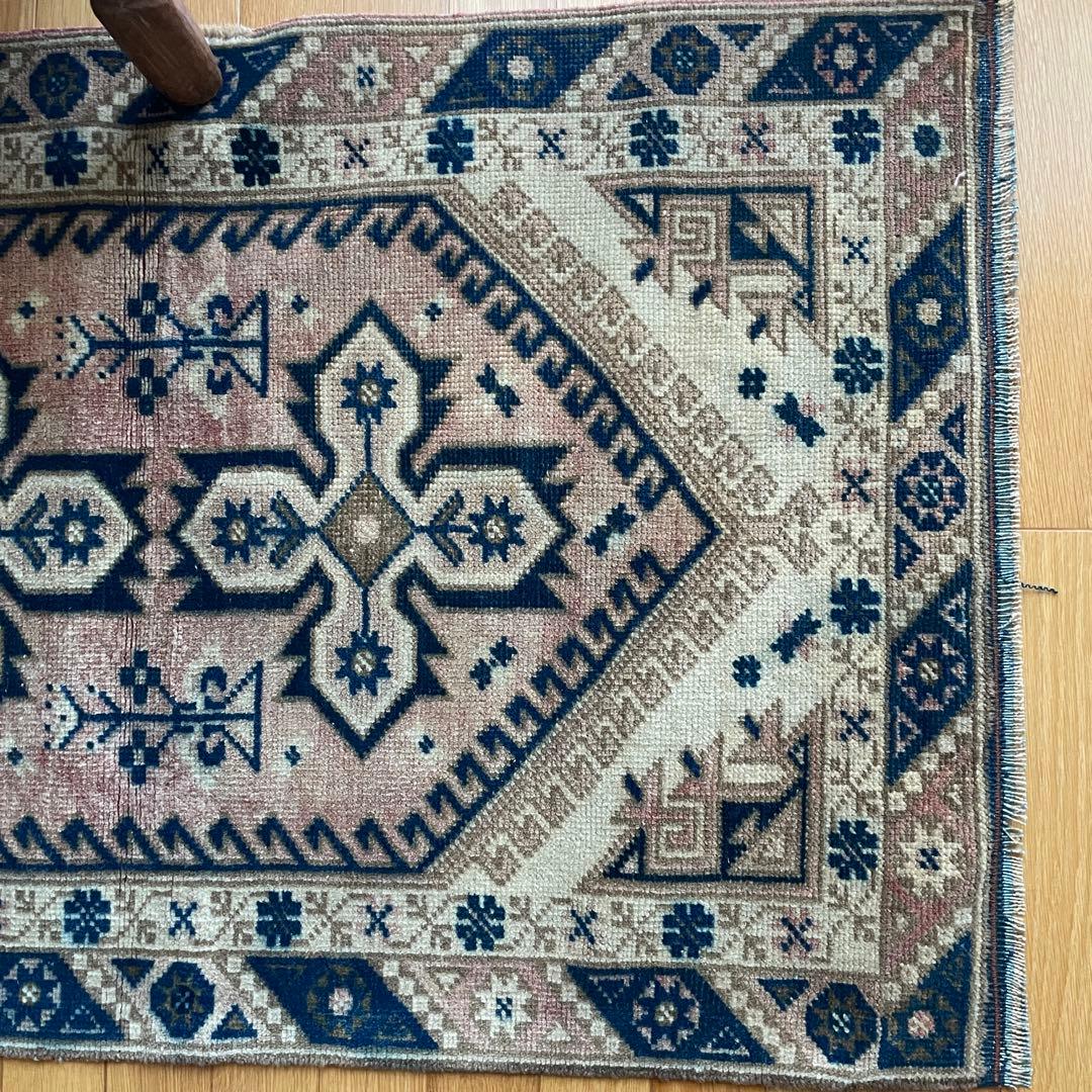 115×72cm ◇トルコヴィンテージラグ　ブラウン615　ブルー　幾何学模様