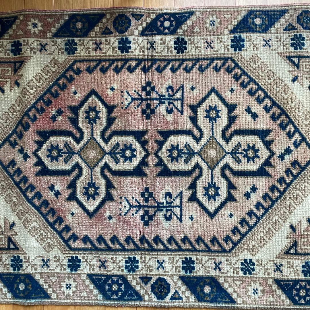 115×72cm ◇トルコヴィンテージラグ　ブラウン615　ブルー　幾何学模様