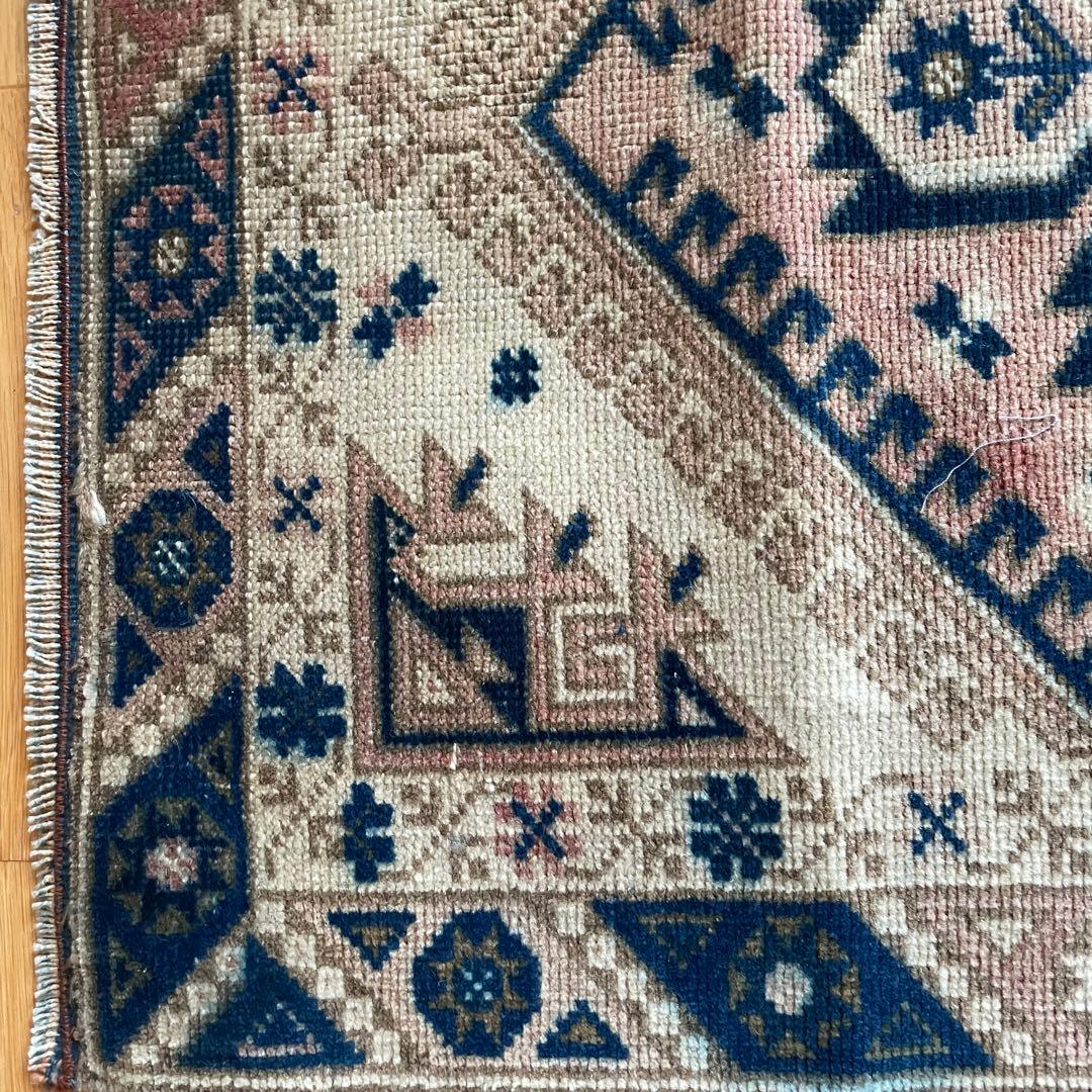 115×72cm ◇トルコヴィンテージラグ　ブラウン615　ブルー　幾何学模様