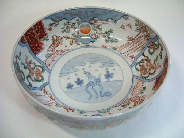 鉢■古い伊万里赤絵大鉢 窓犬紋 獅子 人物 唐草 鳥 骨董(江戸後期～明治期)■