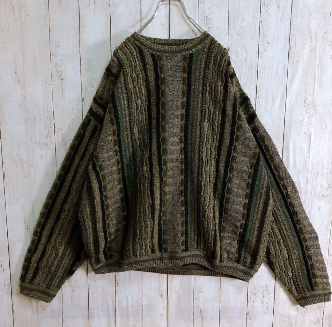 LAVANE USA製 アクリル 立体 総柄 3Dニット ダークグリーン系