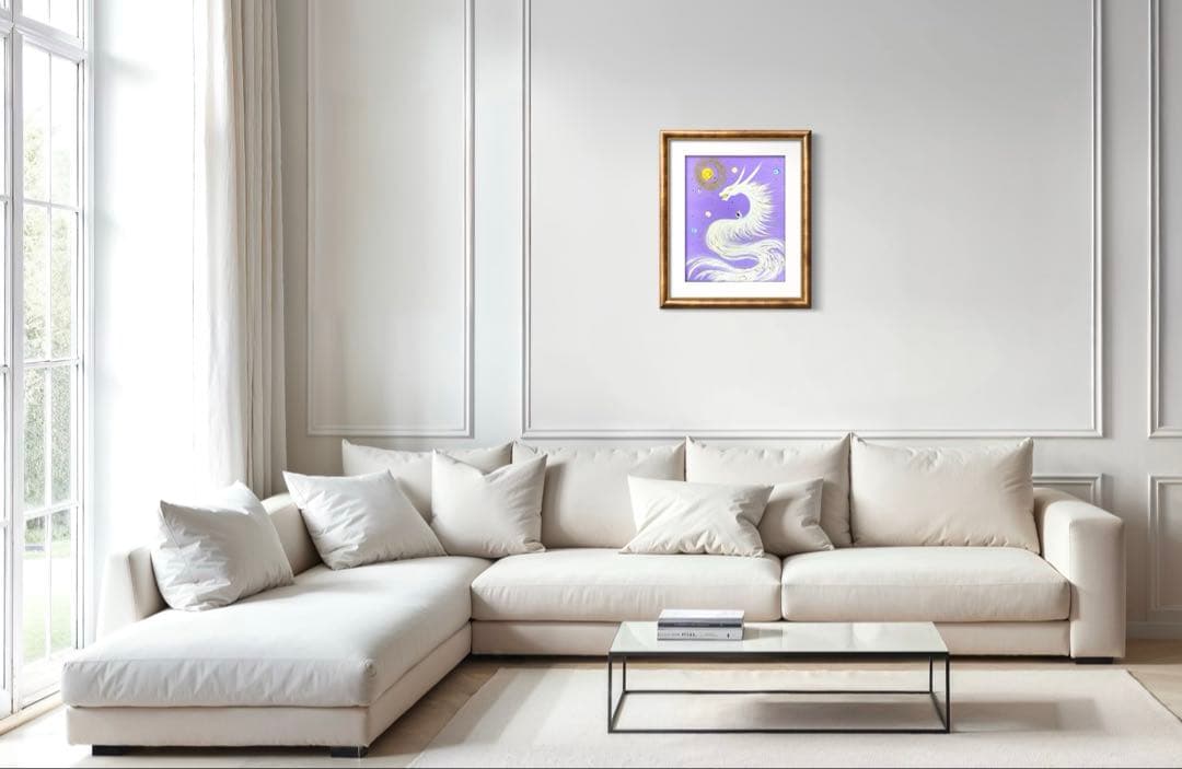 開運絵画　白龍神様　蓮の花７色　守護龍　蓮の花　運気上昇　金箔　スワロフスキー