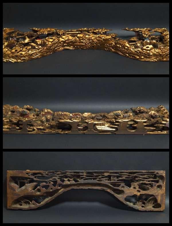 江戸末期一刀彫り高浮彫『人物風景図』 木造彩漆金箔張る 弓欄間 欄間飾り仏教美術