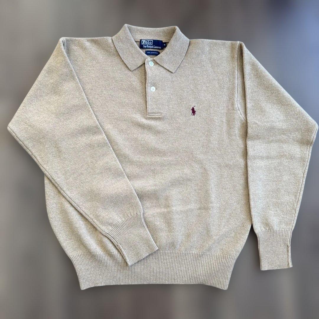 【Ralph Lauren】希少貝ボタン・ラムウール男性用ニットポロ　ベージュ