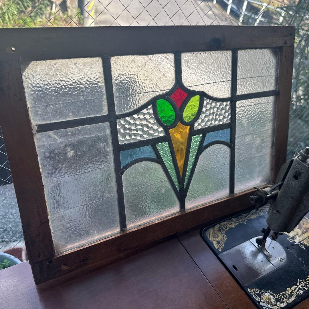 お値下げ❗️アンティークステンドグラス 花 モチーフ 木製フレーム