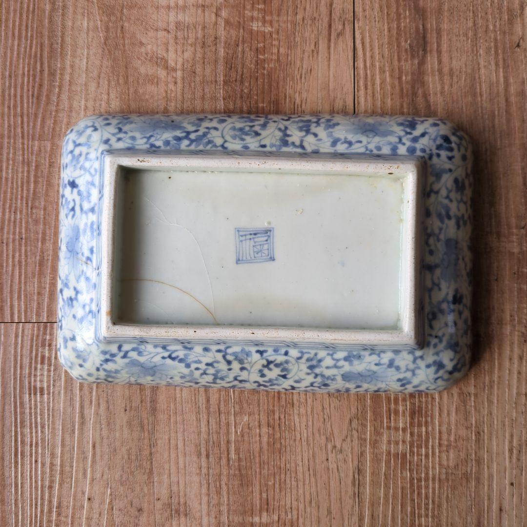 古伊万里 花唐草に松竹梅図 二重角福銘 江戸中期 角皿