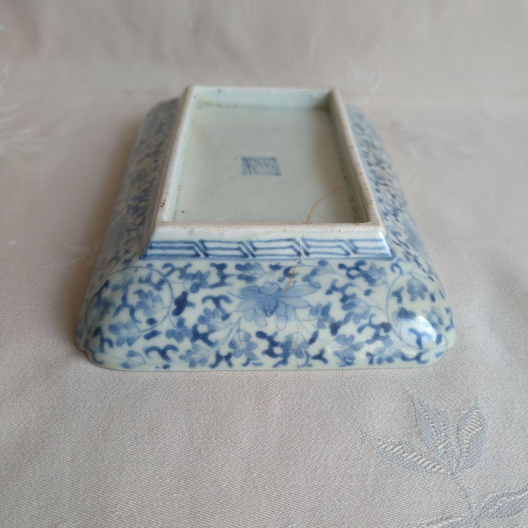 古伊万里 花唐草に松竹梅図 二重角福銘 江戸中期 角皿