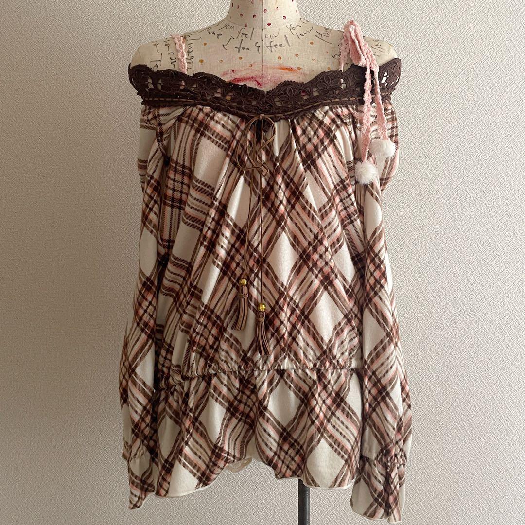 00s 希少 LIZLISA 2way 起毛チェック柄オフショルワンピ 姫カジ