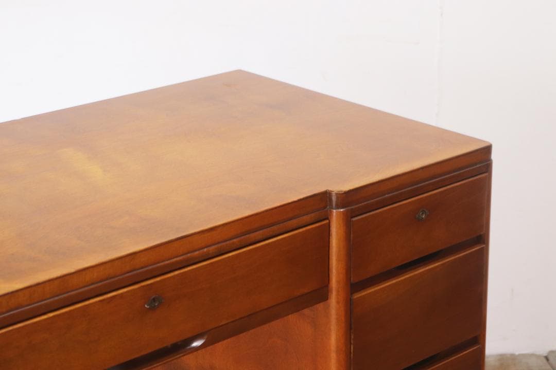 レトロ 片袖デスク 机 書斎 作業台 引き出し 抽斗 5杯 木製 古道具