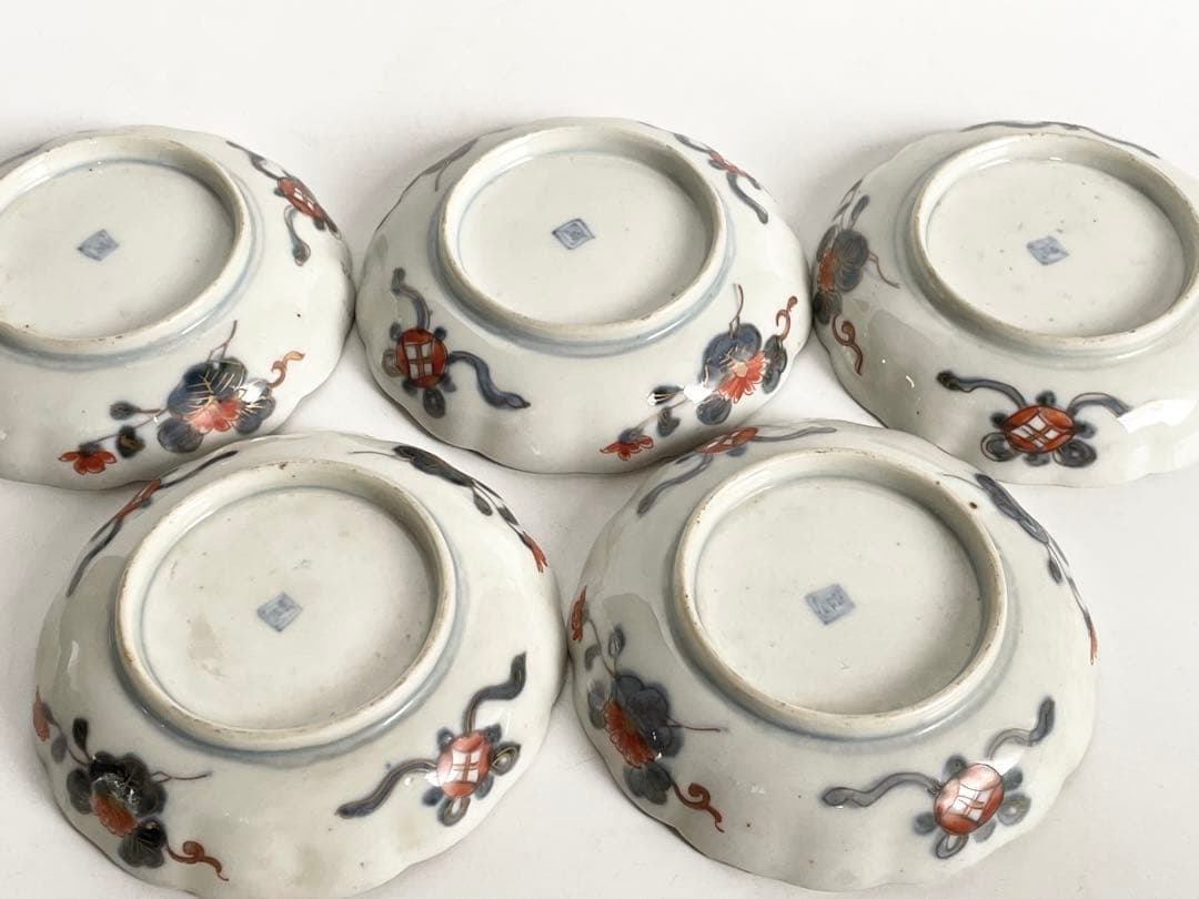 骨董　アンティーク　金襴手　輪花縁　小皿　稲穂文様　5枚