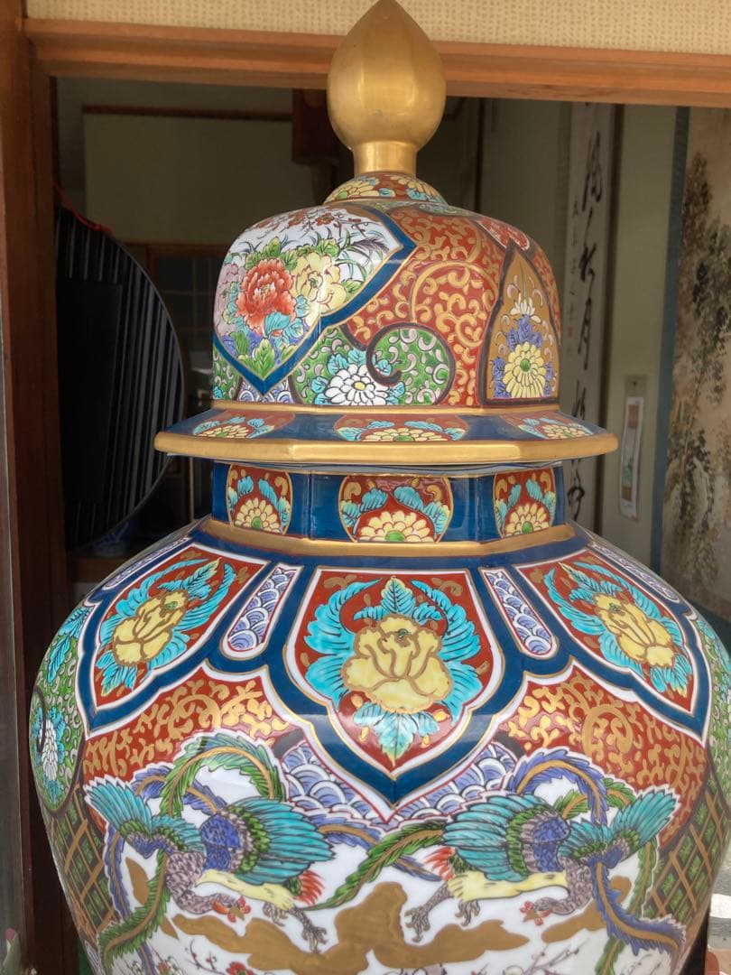 飾壺　豪華大壺　花鳥図染錦　獅子　有田焼　床壺　未使用品
