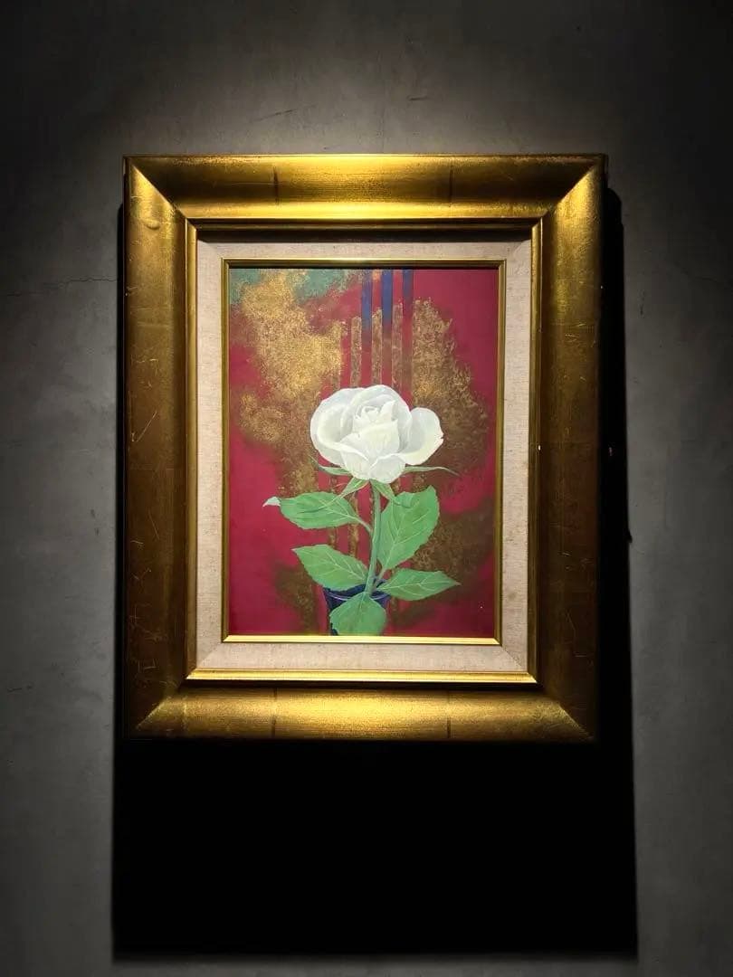 写実　日本画　【白い薔薇】肉筆画　作者不詳