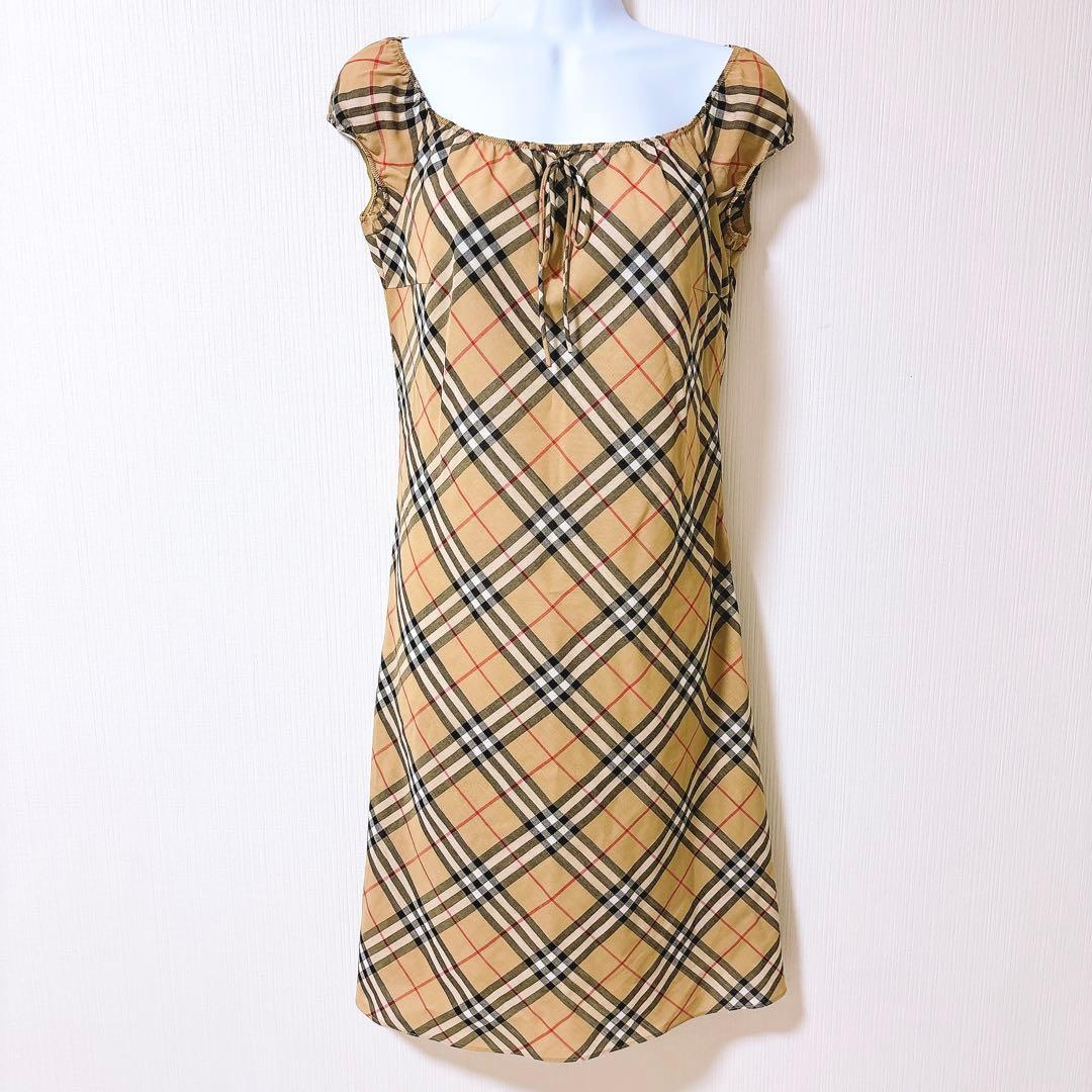 【美品】バーバリーブルーレーベル　ノバチェック　ワンピース　リボン　半袖　ウール