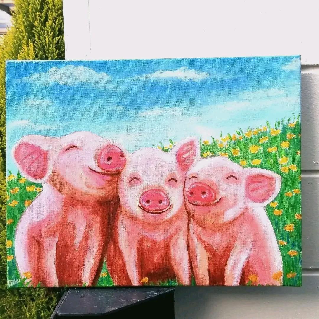 油絵　専用　笑ってる仲良しこぶたたち