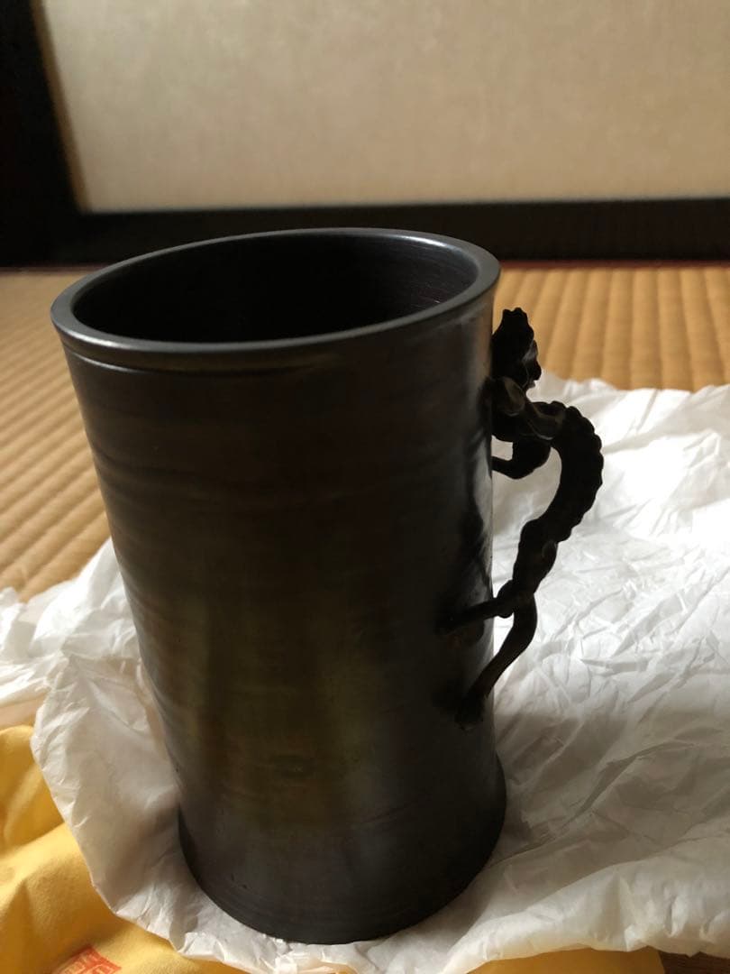 鋳銅　雨龍紋　筆筒　須賀月真氏作　共箱入