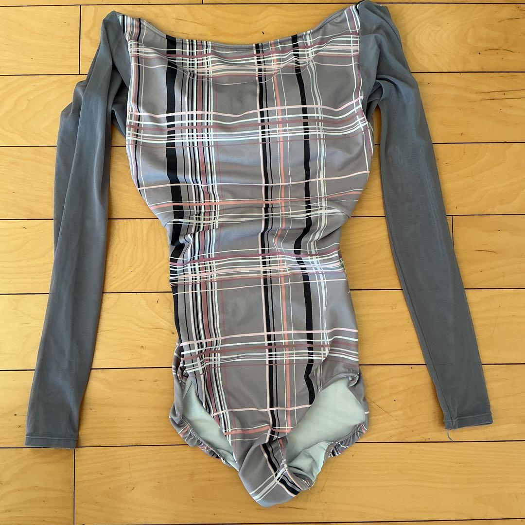 グレー チェック柄 長袖レオタード
