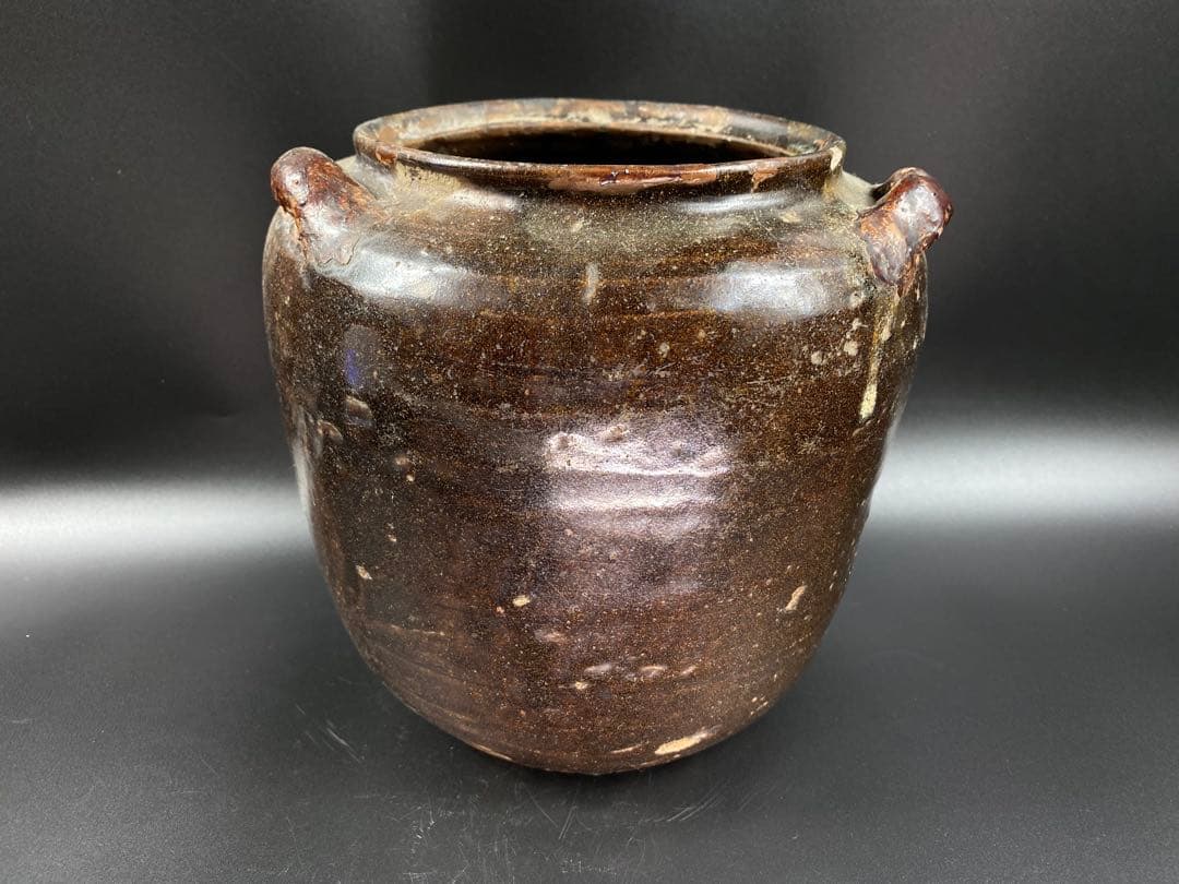 茶壺 耳付 古唐津 古薩摩 黒高麗 李朝 骨董 古玩 時代物 高21.7cm