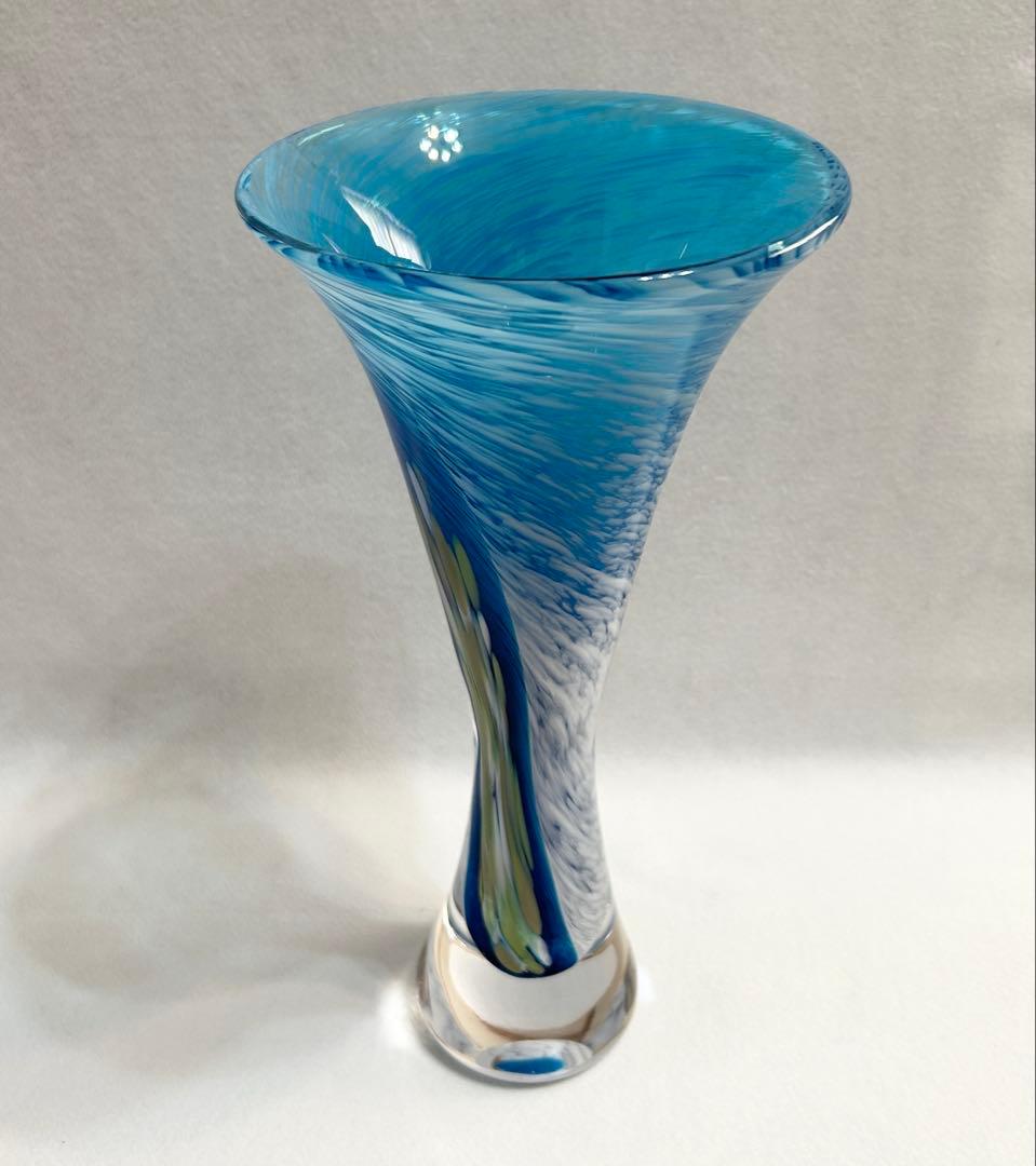 吹きガラス 花瓶 ブルー×ホワイト 約30cm イタリアアート 花器 インテリア