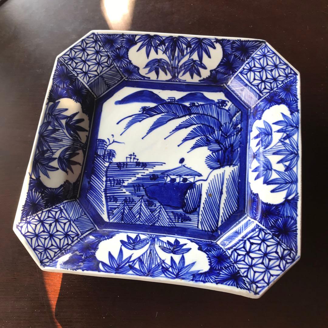 美品　古伊万里　陶器　年代物　盛り皿　角皿　八角絵皿　線画　山水の絵柄が素敵な