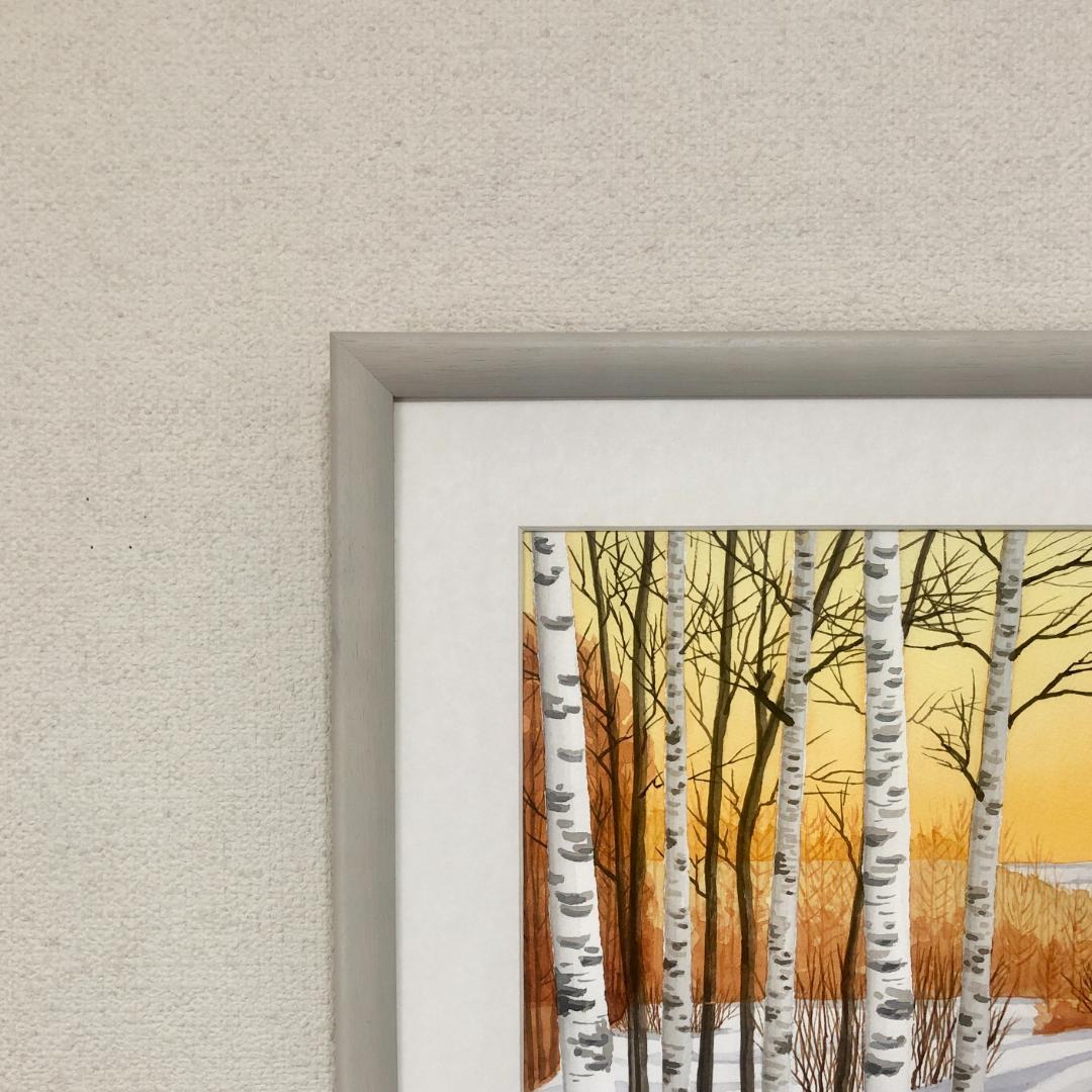 透明水彩画　原画　「雪原の朝焼け」額縁付　F6サイズ　風景画
