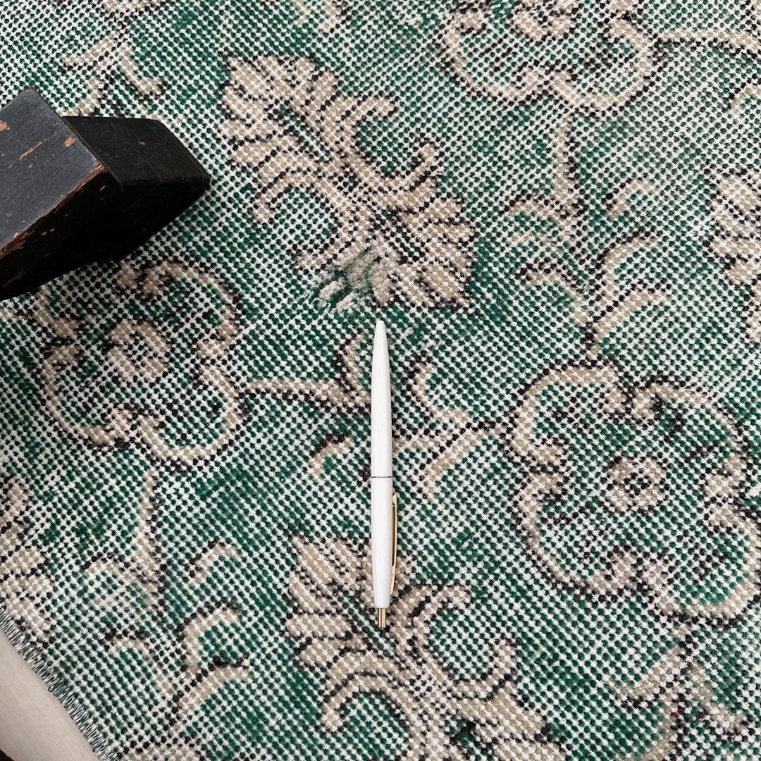 トルコヴィンテージラグ A34 レア 人気柄 紋章柄 グリーン ターコイズ