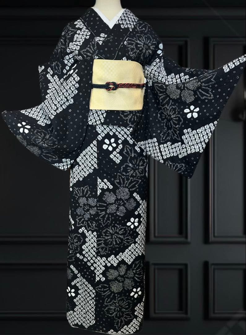 新品美品✨希少トールサイズ　有松鳴海絞り浴衣　黒