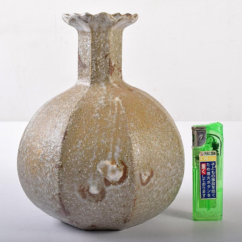 萬古焼　山本広巳作　輪花口　八角花入　共布共箱　V　R7981