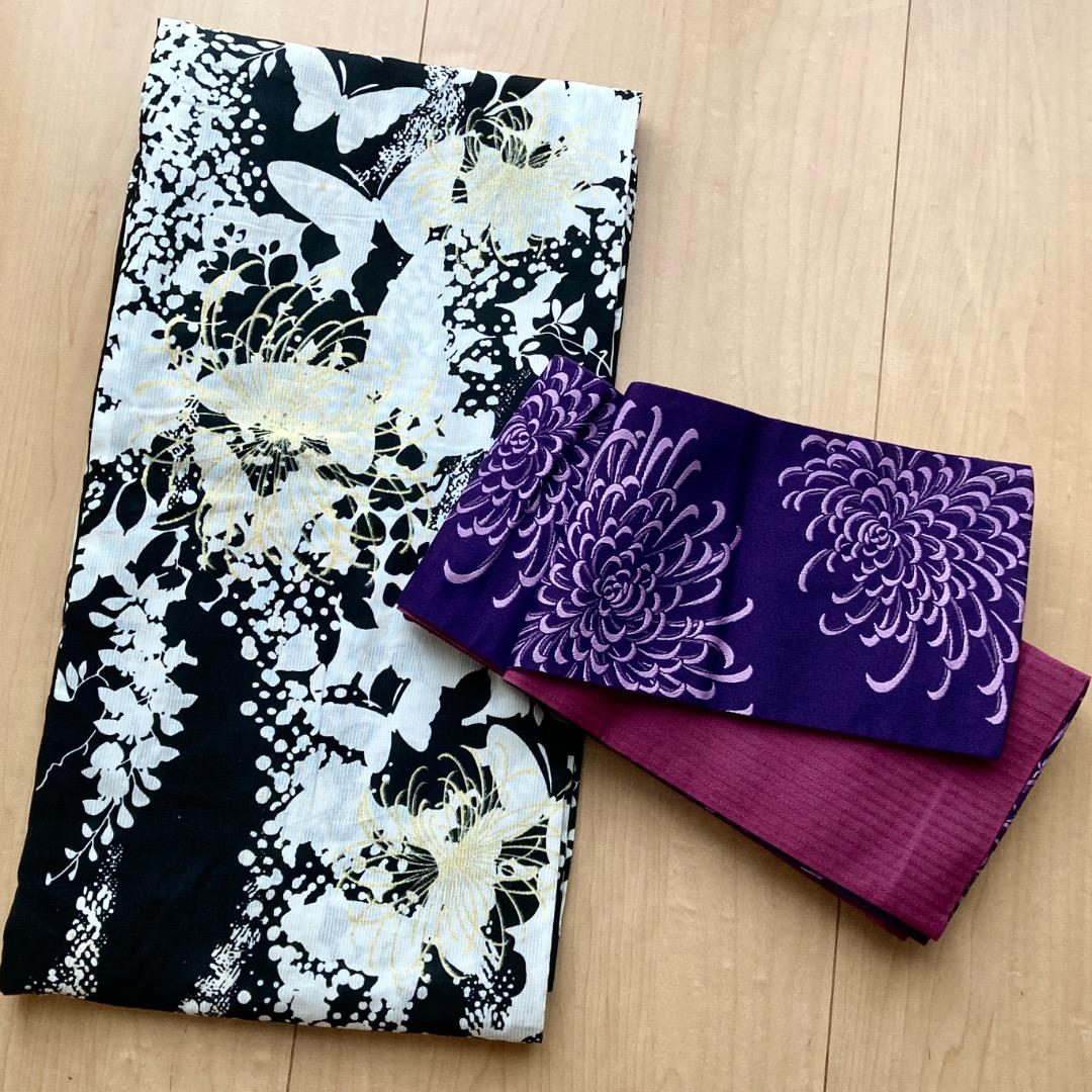 ☆美品☆ レディース浴衣 帯 白地 黒模様 金刺繡　2点セット