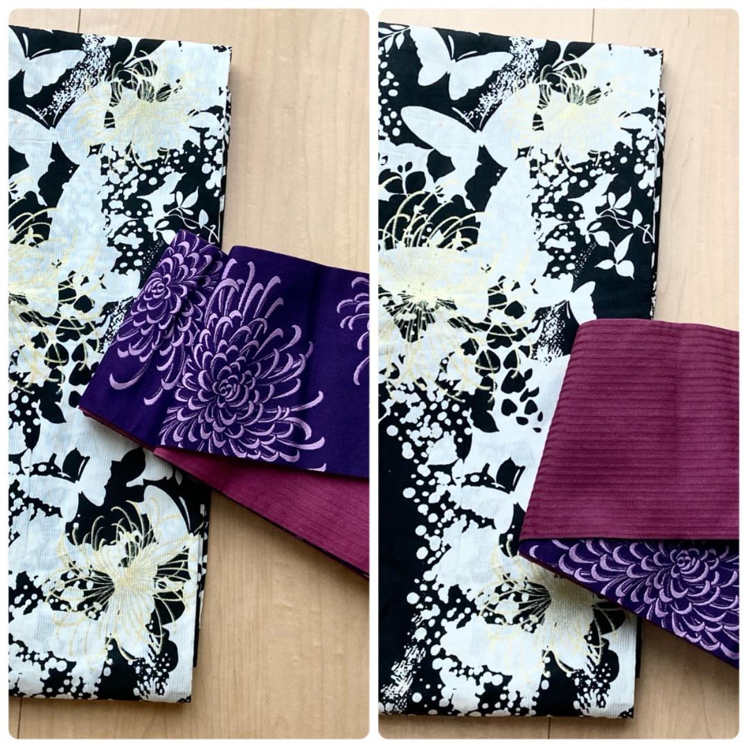 ☆美品☆ レディース浴衣 帯 白地 黒模様 金刺繡　2点セット