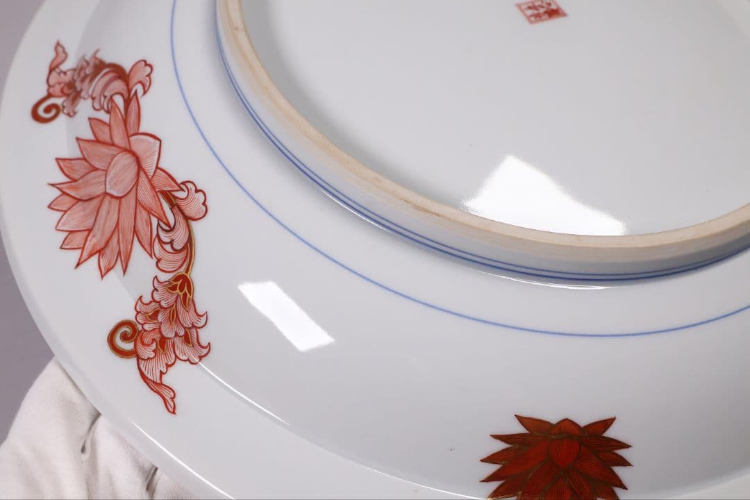 九谷焼 吉光隆広(芳隆) 赤絵細描 阿弥陀三尊立像 大皿 瓔珞紋【MA886】