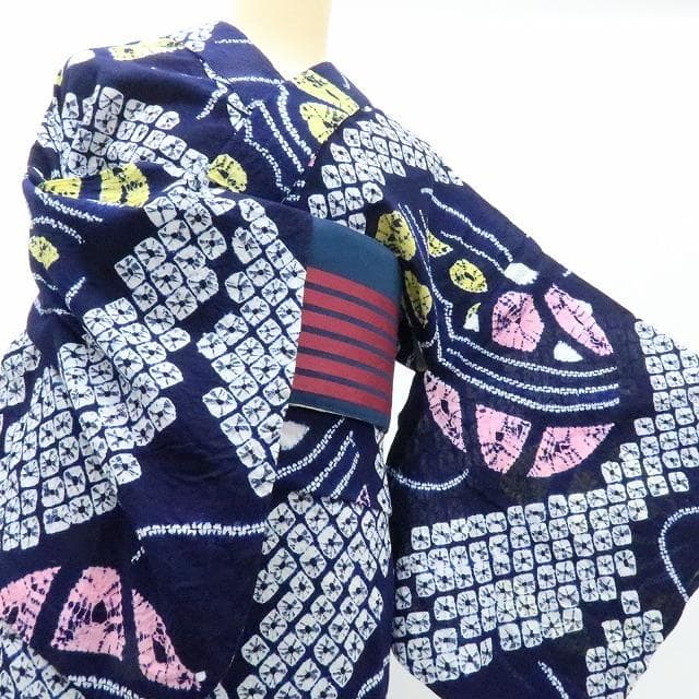 Y3195◆美品 有松鳴海絞り 綿 背当て付 手縫い 毬 高級浴衣 洗える夏着物